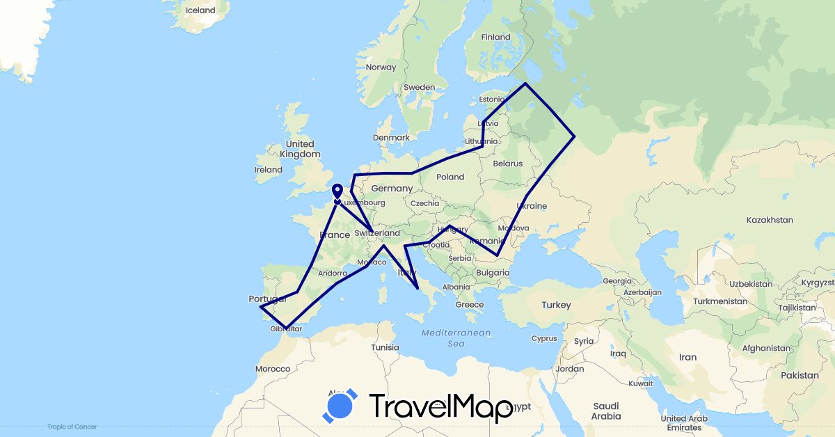 TravelMap itinerary: driving in Belgium, Switzerland, Germany, Spain, France, Gibraltar, Croatia, Hungary, Italy, Lithuania, Latvia, Netherlands, Portugal, Romania, Russia, Ukraine (Europe)